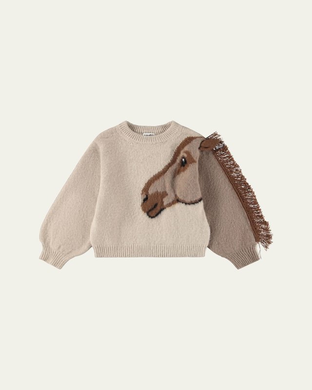 Girl's Gisela Wool Horse Fringe Sweater, Size 0M-12